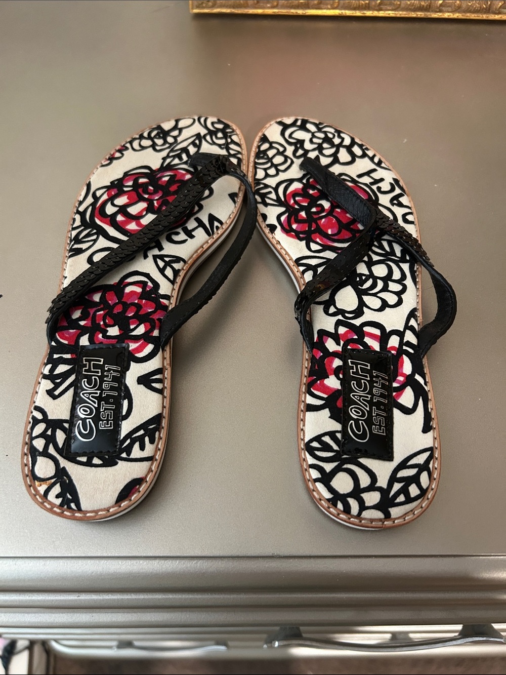 Coach Black Strap Floral Print Flip Flop Sandals with Red Accents